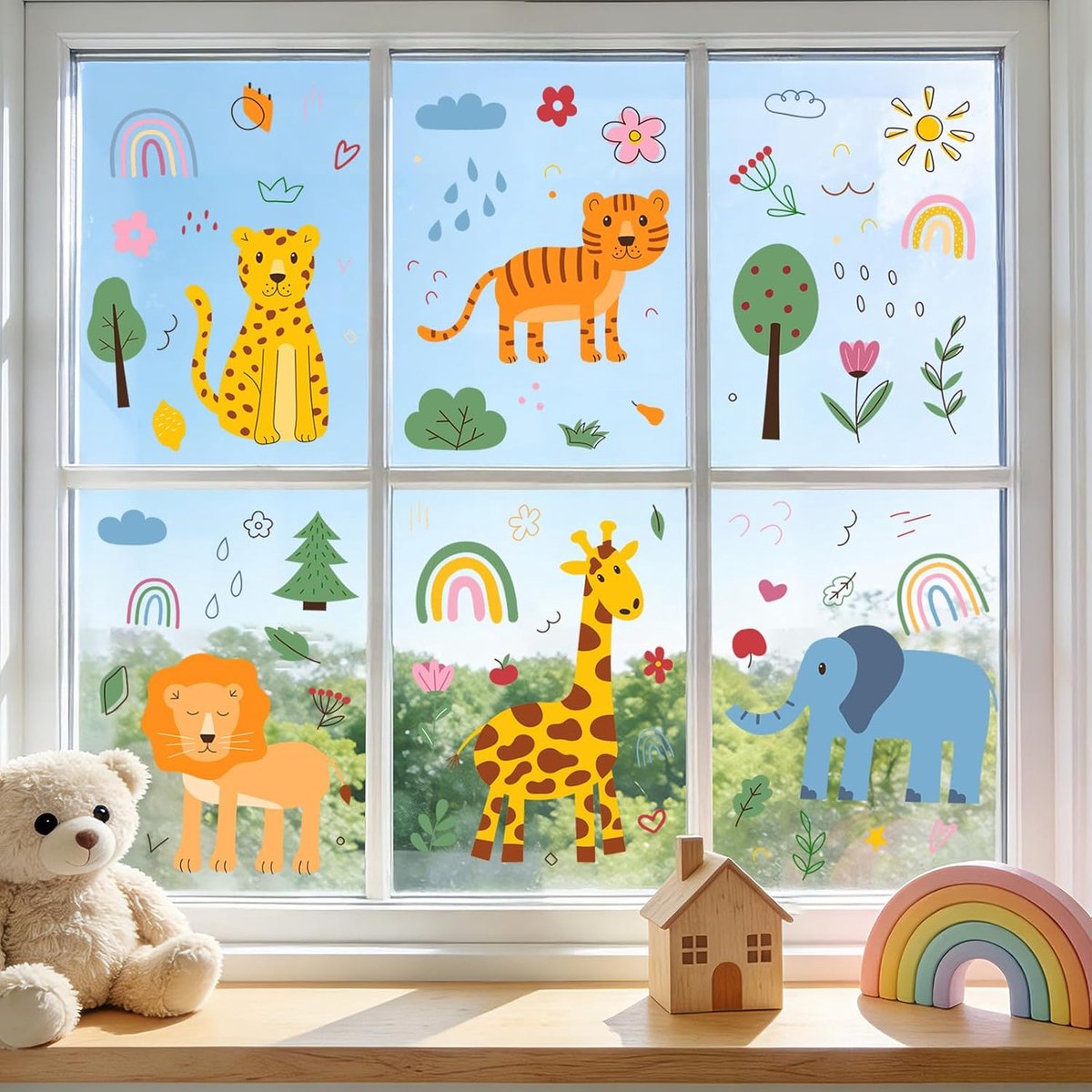 dier venster klampt zich vast voor kinderen, dubbelzijdige statische cartoon cheetah tijger leeuw giraffe olifant stickers, verwijderbare glazen raamstickers voor thuis klaslokaal