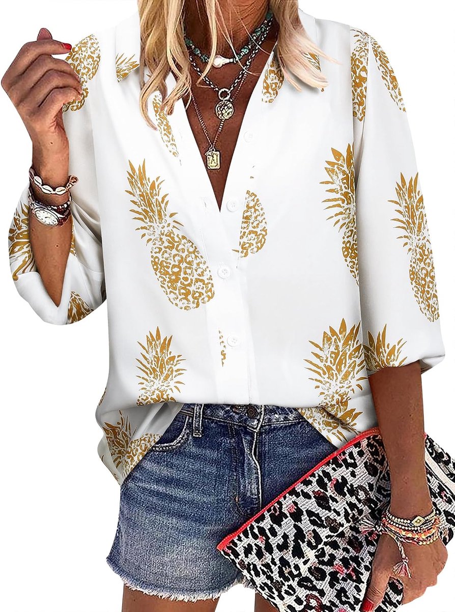 dames V-hals ananas blouse Hawaiiblouse hemdblouse