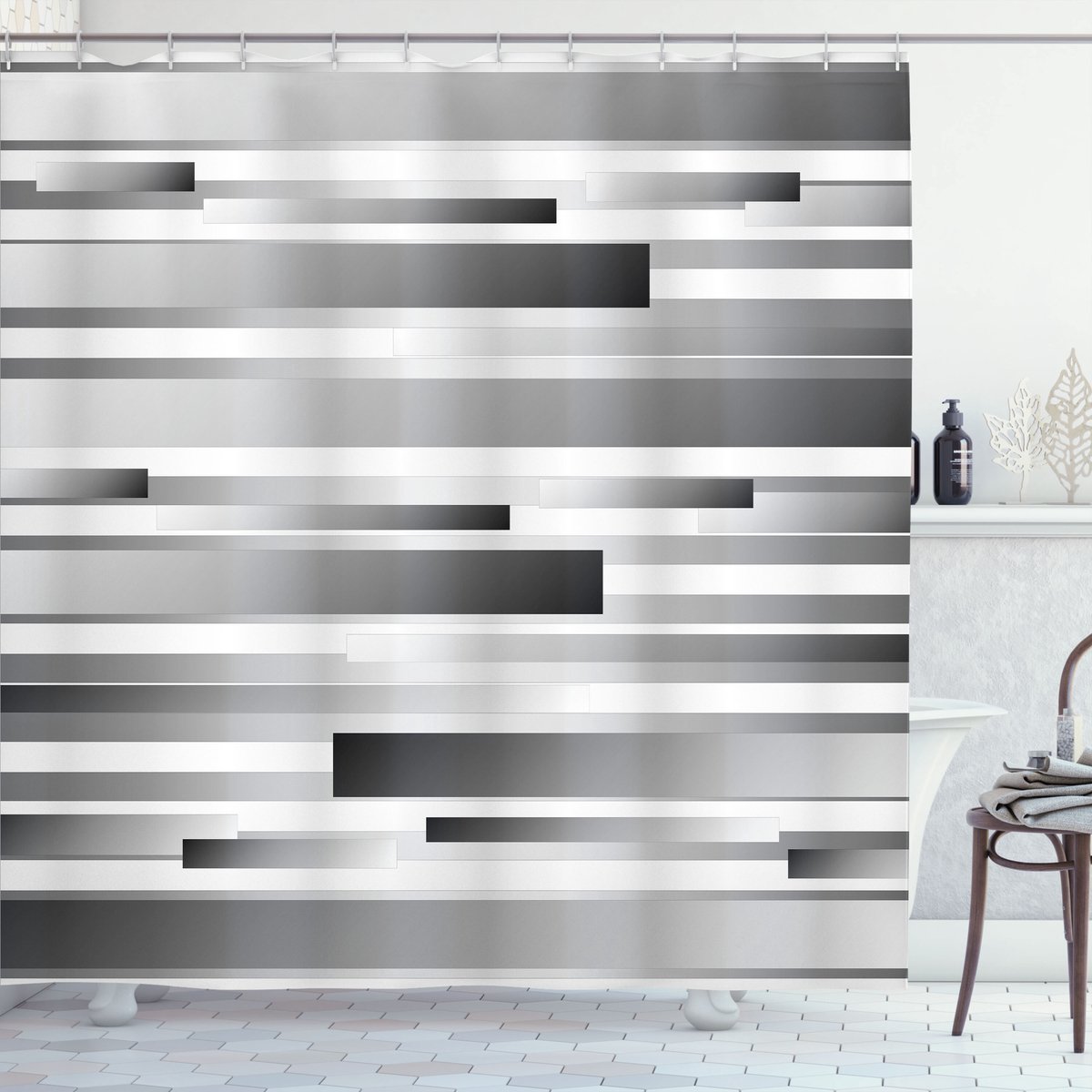 ABAKUHAUS Geometrisch Douchegordijn, Regelmäßige Moderne, Stoffen Badkamerdecoratieset met Haken, 175 x 240 cm, Donkergrijs