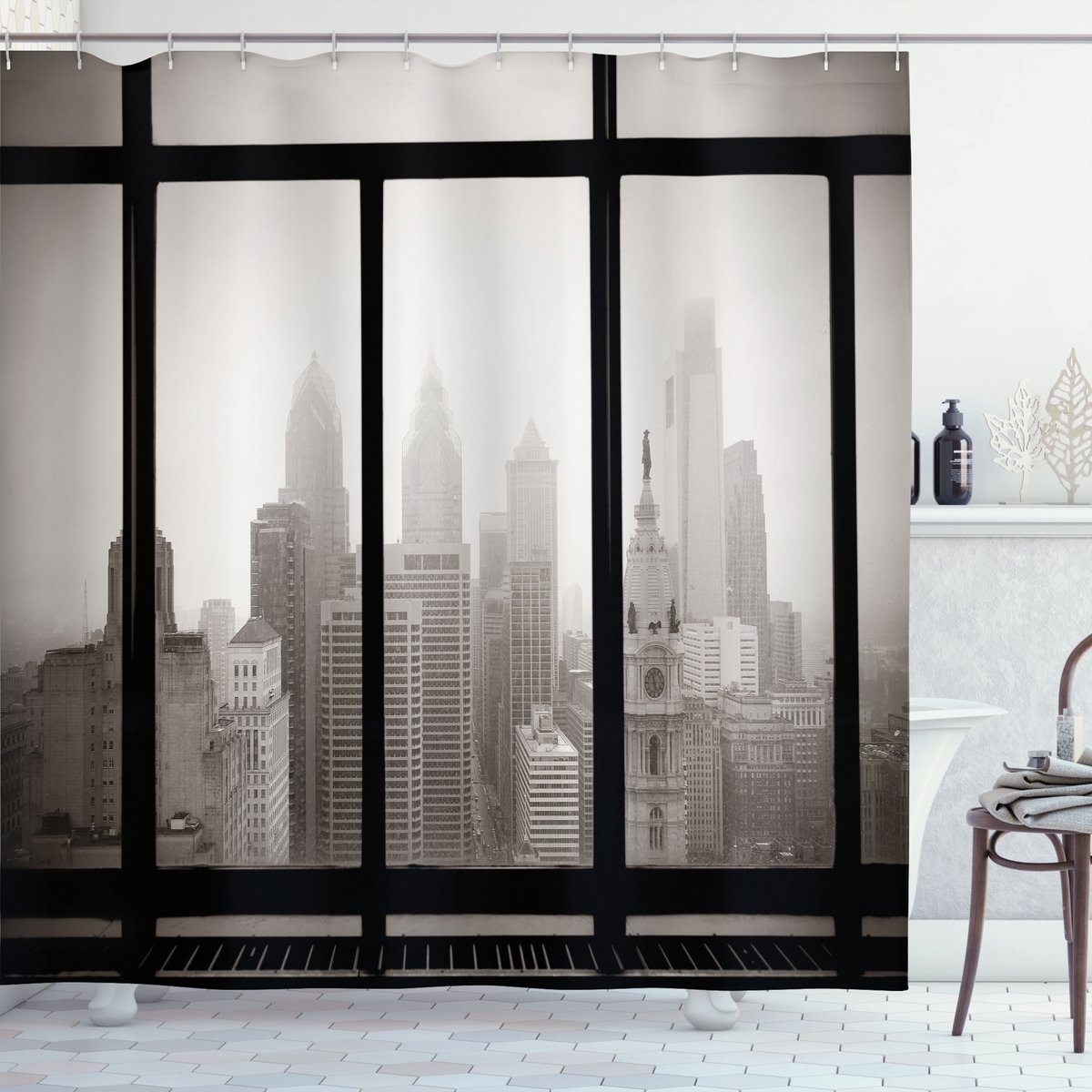 ABAKUHAUS Landschap Douchegordijn, Philadelphia Stad-Dach, Stoffen Badkamerdecoratieset met Haken, 175 x 200 cm, Lichtgrijs en zwart