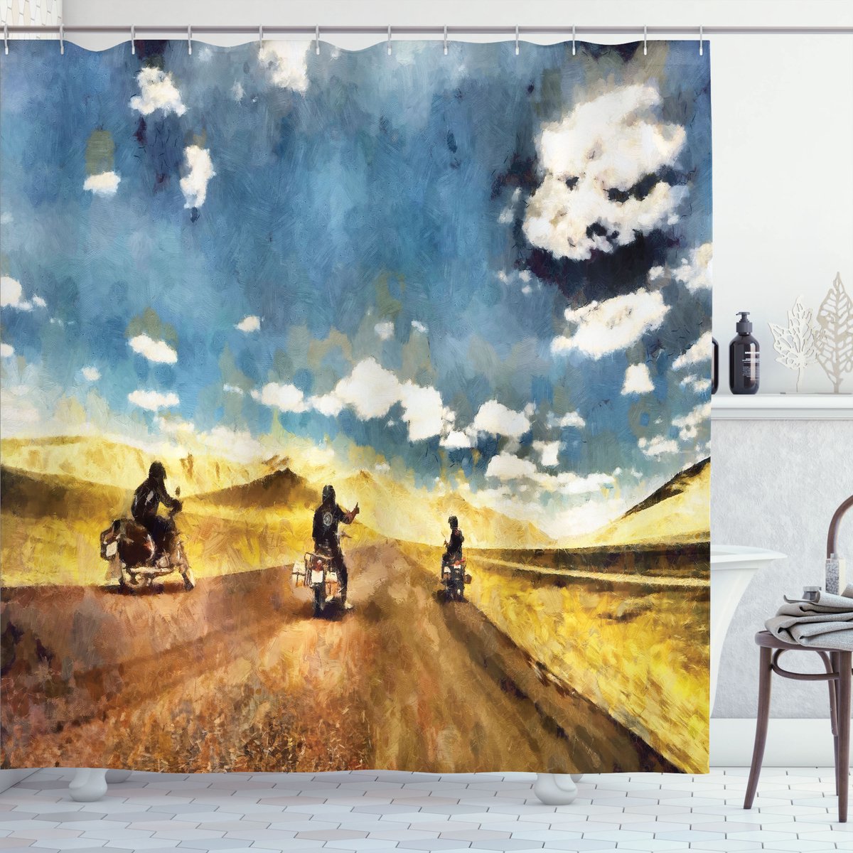 ABAKUHAUS Reise Douchegordijn, Motorräder Land, Stoffen Badkamerdecoratieset met Haken, 175 x 180 cm, Meerkleurig