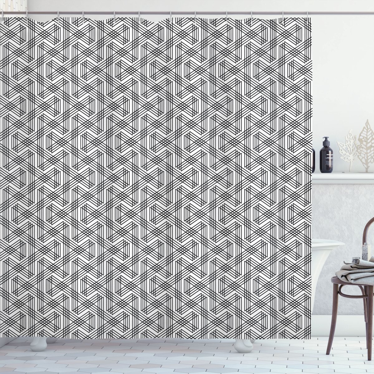ABAKUHAUS Geometrisch Douchegordijn, Minimalistisch Zig Zag, Stoffen Badkamerdecoratieset met Haken, 175 x 180 cm, Wit Zwart