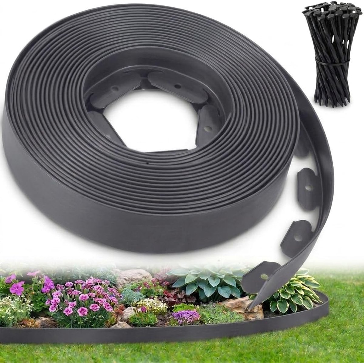 Borderrand tuin 20 m flexibel, gazonrand kunststof 5 mm stevig, tuinafboording voor gazon paden borders, eenvoudige installatie met 60 haringen (Grijs, 20 meter)