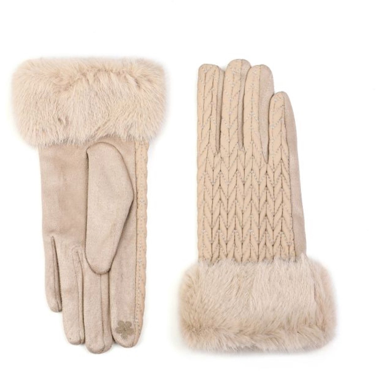 Beige winter handschoenen met bont en visgraatmotief