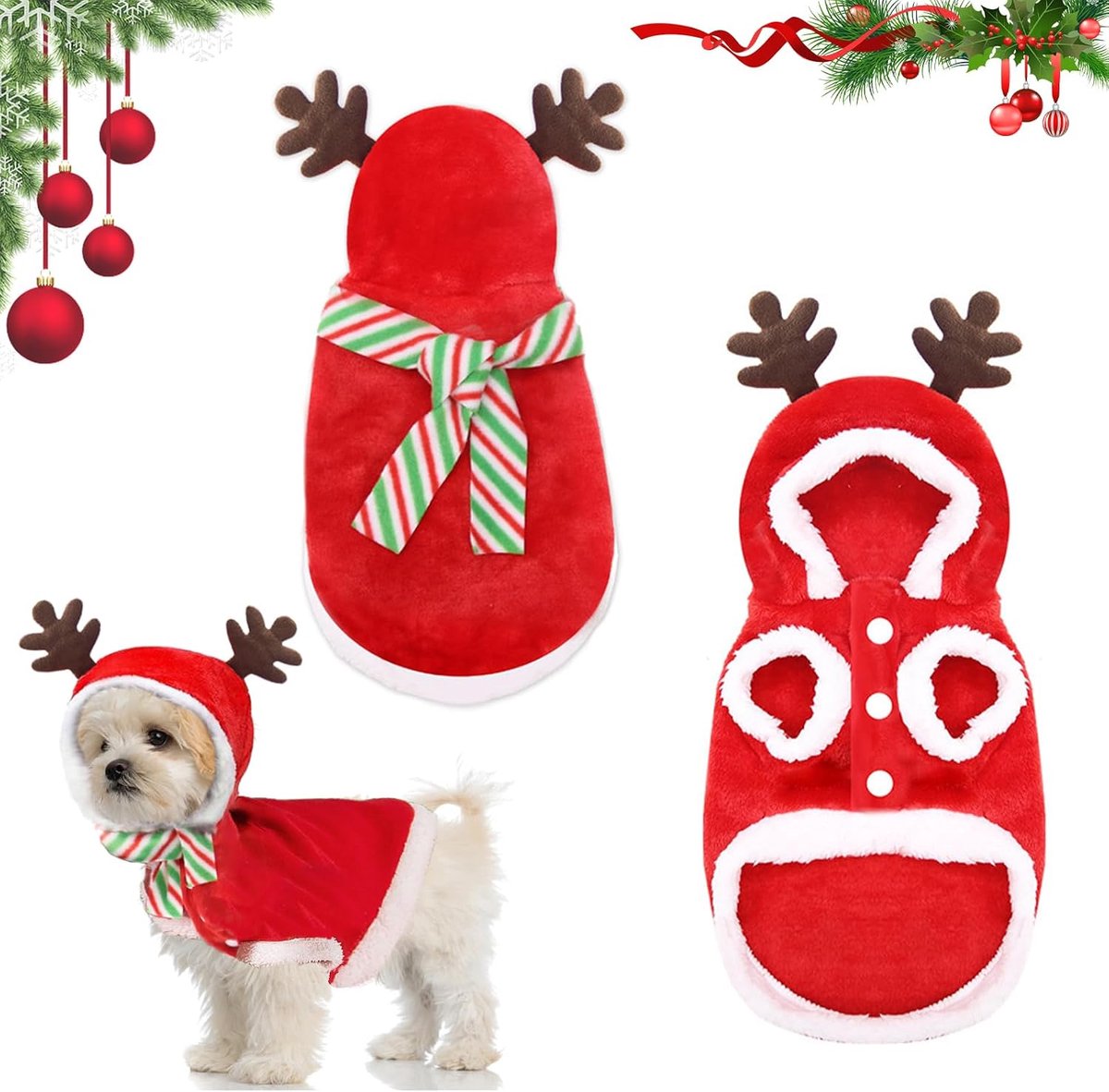 Kerstkostuum voor honden, hondenkleding voor kleine honden, Kerstmis, met hondensjaal, Kerstmis, kattenkostuum, voor katten, kleine honden
