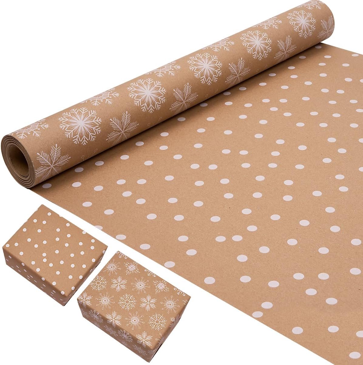 Cadeaupapierrol, recyclebaar kraftpapier voor Kerstmis, decoratie (sneeuwvlok en stippen)