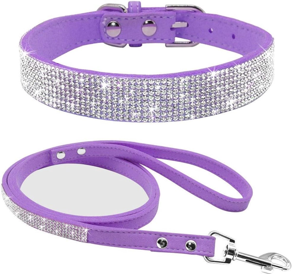 Oogverblindend, sprankelend, elegant, chique, zacht suède, bling strass kristal, juwelen huisdier / kat / hond / puppy halsband, hondenriem, combo set (XS, Paars)