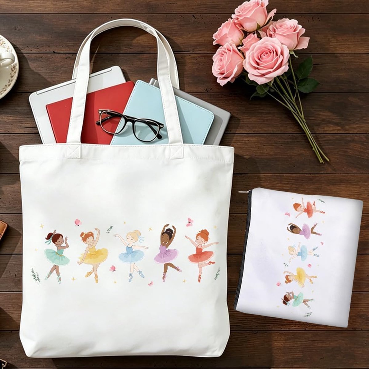 2 ballettassen, 2 maten, ballet-cosmeticatas, ballerina-patroon, van polykatoen, herbruikbaar, draagbaar, met ritssluiting, muntzakje voor dans, winkelen