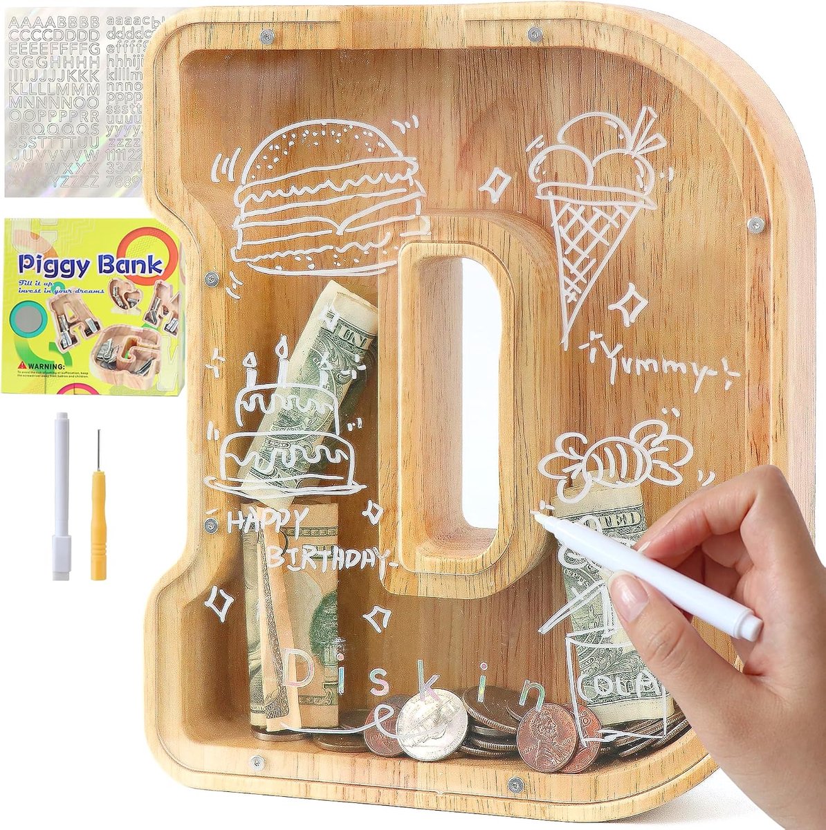 Spaarpot voor kinderen, jongens, meisjes, spaarvarken, kinderen, spaarpot, gepersonaliseerd, doorzichtig, letters, hout, A-Z, met doelbereik, stickers en marker, doop, cadeau, decoratie (D)