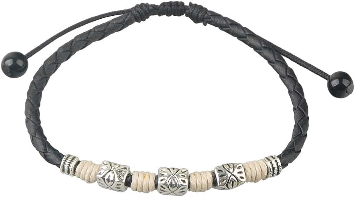 Tribe Verstelbare zwarte gevlochten leren enkelband met zilverkleurige gegraveerde kralen en beige wikkeldraad – 23 cm binnenomtrek – Boho unisex enkel sieraad