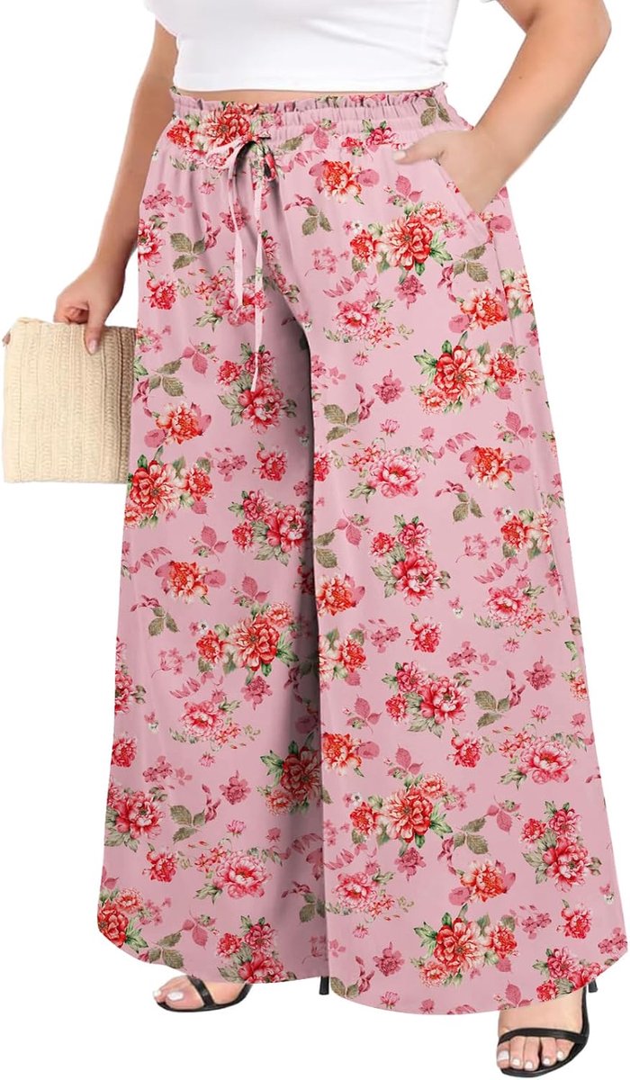 Wood Broek Dames Lange Zomer Wijde Pijpen Stoffen Palazzo Broek Hoge Taille Boho Damesbroek met Ruches en Zakken Grote Maten