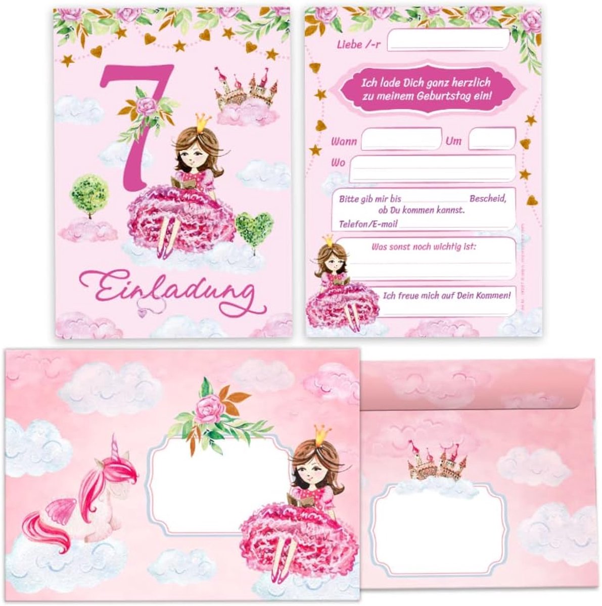 12 uitnodigingskaarten voor de 7e kinderverjaardag uitnodiging voor de zevende verjaardag meisje prinses met eenhoorn incl. 12 enveloppen, 12 zakken / naturel, 12 stickers
