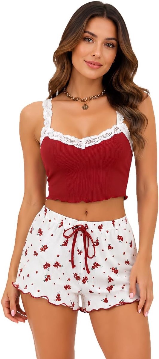 Pyjama voor dames, zomer, 2-delig, hemdje met kanten kraag, top en shorts met bloemenprint, nachtkleding, comfortabel, schattig, ontspanningsset voor thuis en in de slaap