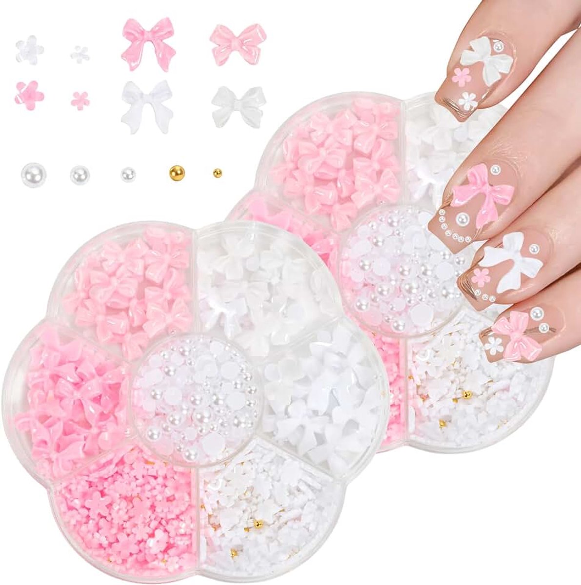 2 doosjes nagelbedels, 3D-bedels, nageldecoratie, nagelhanger, wit, roze, strik, bloemen met halve kralen voor manicure doe-het-zelf handwerk (roze-wit)