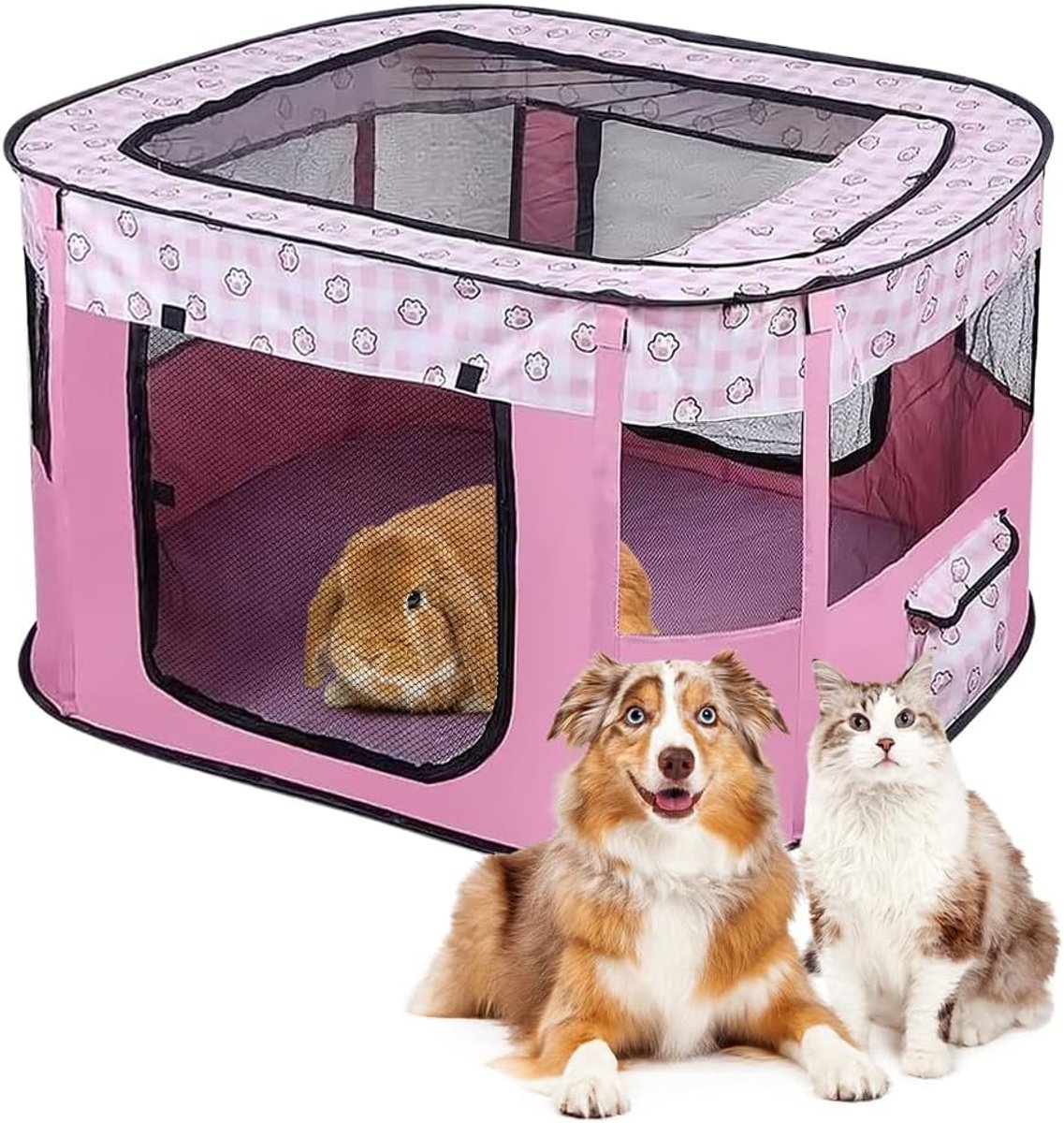 Dierenren opvouwbaar voor honden en konijnen, cavia's, katten, Oxford-weefsel hondenhok, puppyuitloop, rechthoekige tent 70 x 55 x 40 cm, roze, voor binnen of buiten