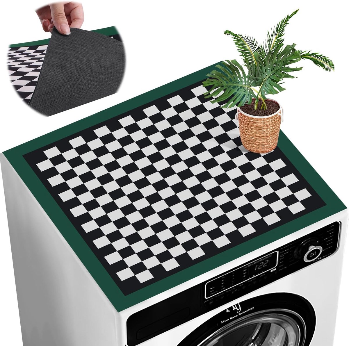 Wasmachinehoes, 60 x 60 cm, wasmachineafdekking, stofbescherming, antislip, wasmachinehoes, afdekking, keuken, afwasbaar, op maat te snijden (donkergroen schaakbord)