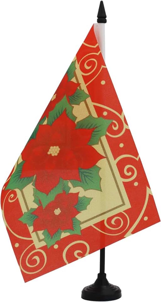 Tafelvlag Kerststerren 21x14 cm Polyester 100D Plastic Voet | Binnengebruik bureauvlag gestikte afwerking met verstevigde randen met kunststof stok en kunststof voet 100D polyester