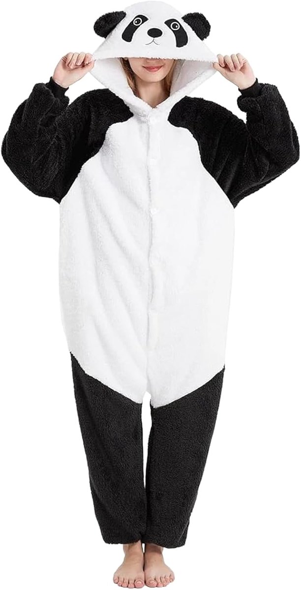 Panda jumpsuit voor dames, dier, oversized, behaaglijk, pyjama voor heren, lang, met capuchon, uniseks, dierenkostuum, nachtkleding, winter, pluche jumpsuit