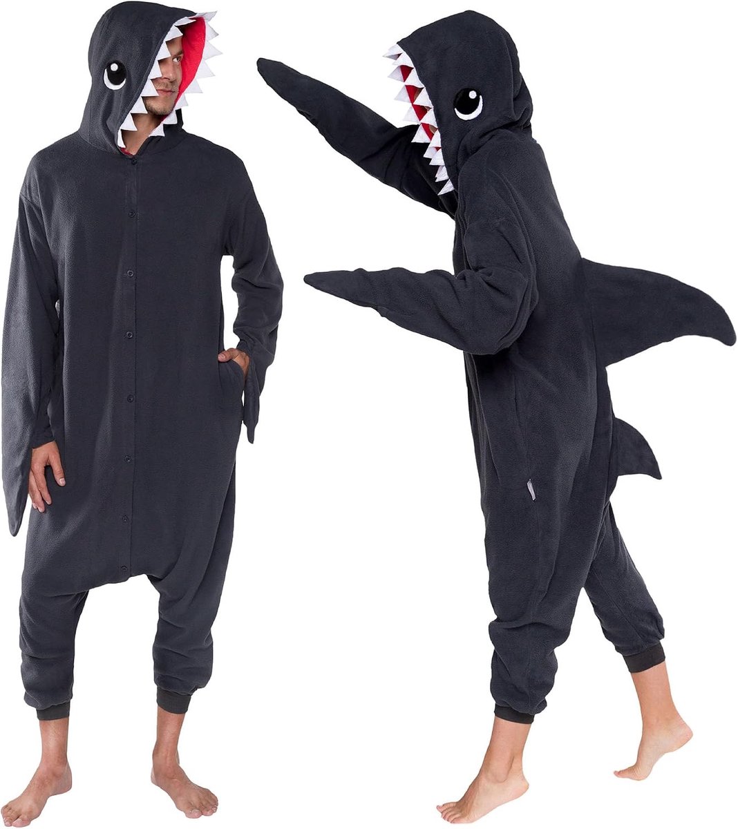 Adult Onesie Halloween Costume - Animal Dinosaur Shark - Unisex Plush One Piece Cosplay Suit for Adults, Men and Women (XX-Large, Grey Shark)