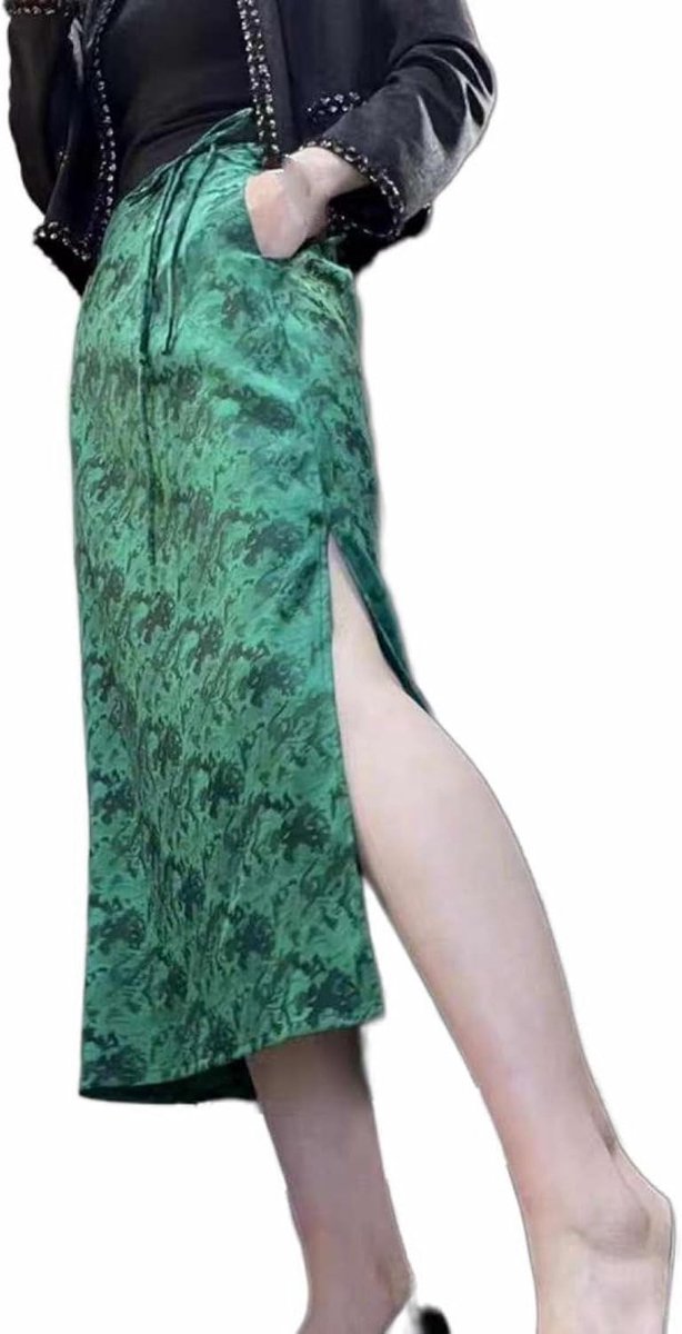 Zijde Satijn Rechte Rok - Zomer Hoge Taille Chinoiserie Retro Jacquard Zijsplit Ontwerp Bedekte Hippe Rok, Mode Zachte Zijdeachtige Veelzijdige Drape Rok,S