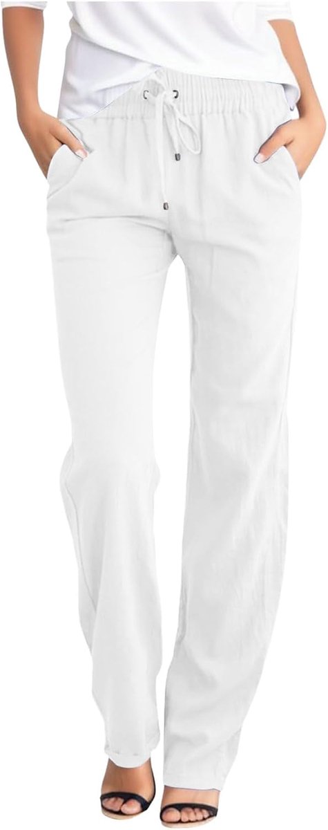 Broek voor dames, zomer, breed, hoge taille, vloeiend, bohemian, chic, strand, los, recht, katoen, licht, met zakken, modern, A210