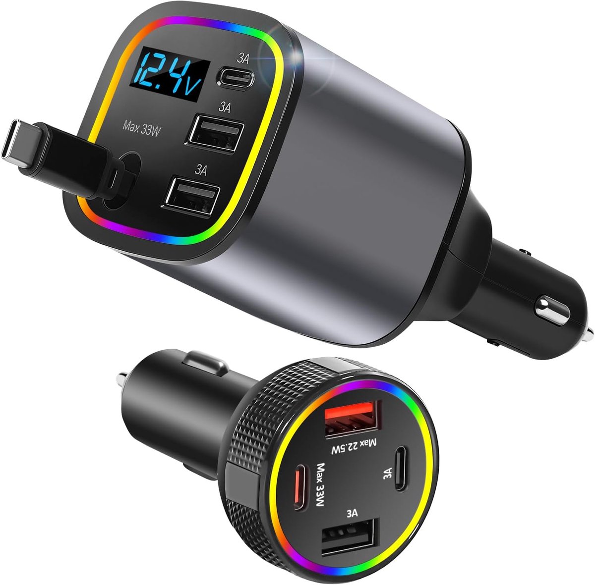 Autolader USB C, 4-in-1 intrekbare 78W snel opladen USB C-oplader sigarettenaansteker adapter, type C naar L adapter voor iPhone/Samsung/iPad/Android (aanslag+zwart)