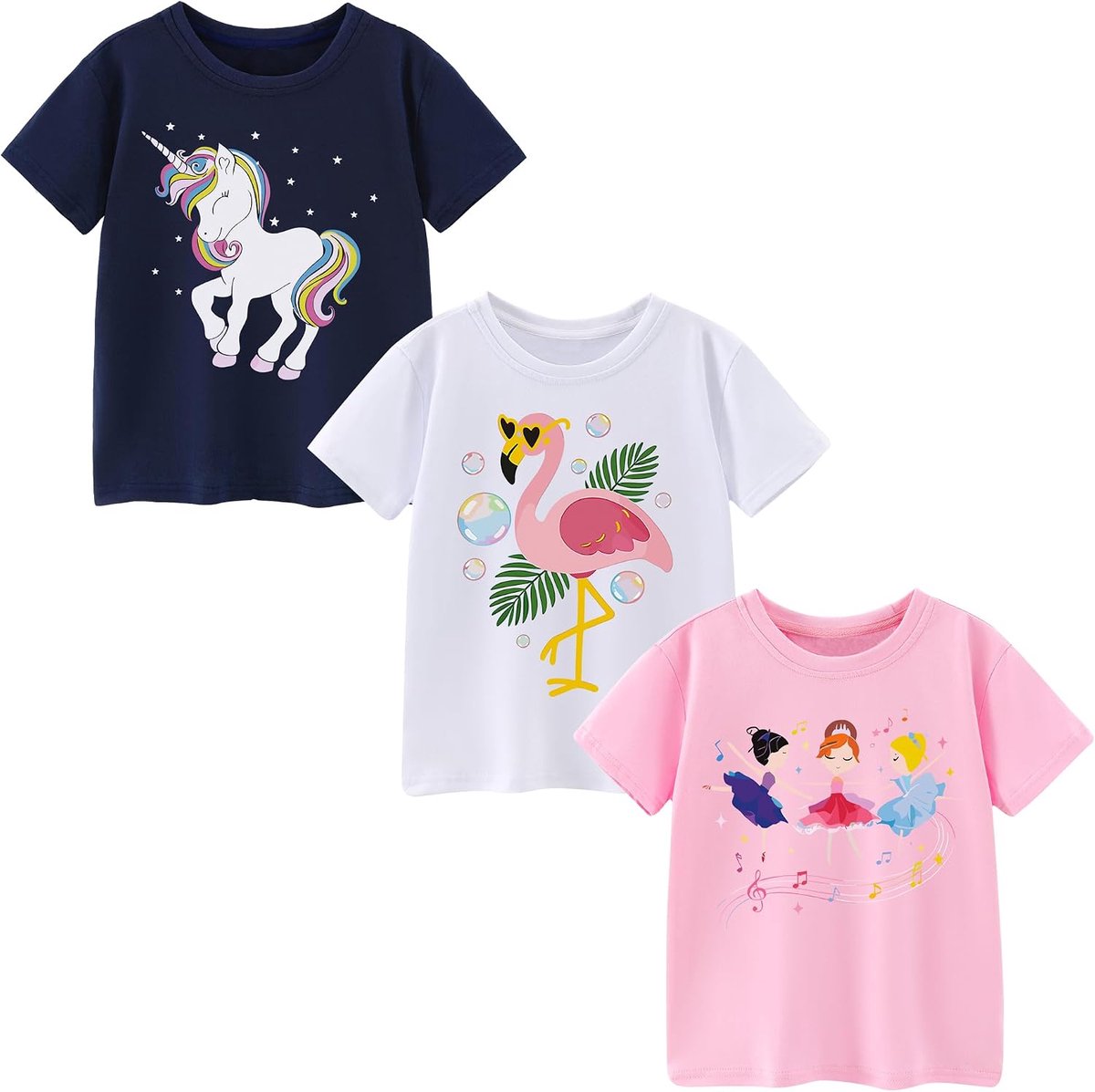 T-Shirt Meisjes met Korte Mouwen 3-Pack Ronde Hals Zomer T-Shirts voor Meisje 3-8 Jaar
