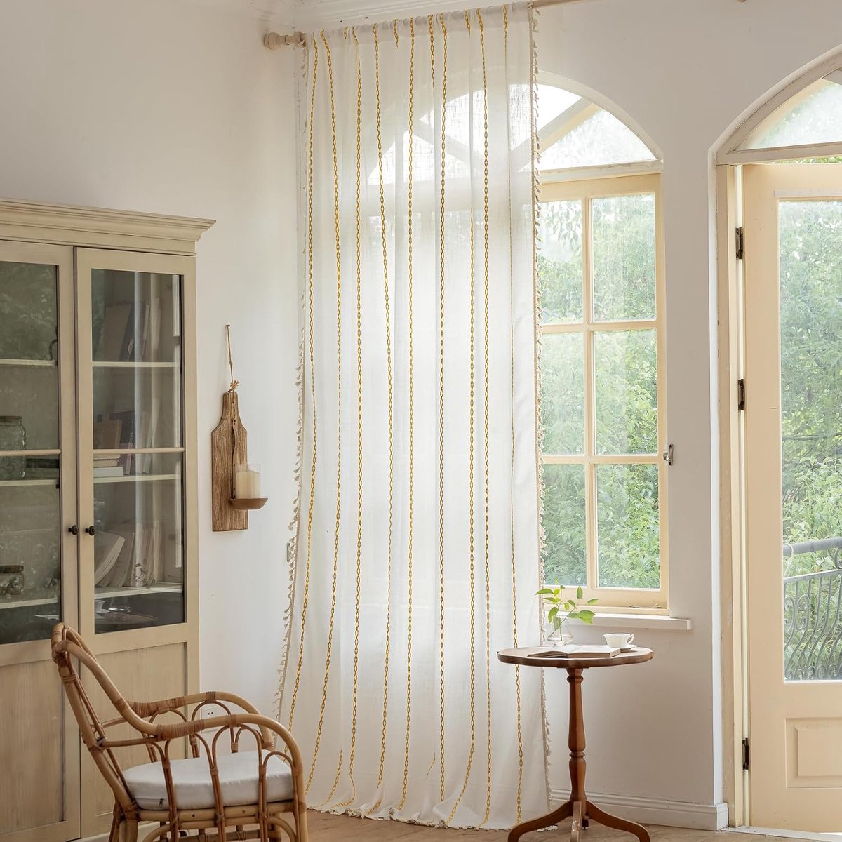 Verduisteringsgordijn, keukenraam, gordijnen, voile, schuifgordijnen met plooiband, 40% -70% dekking, 1 stuks (geel + wit, 214x132 cm)