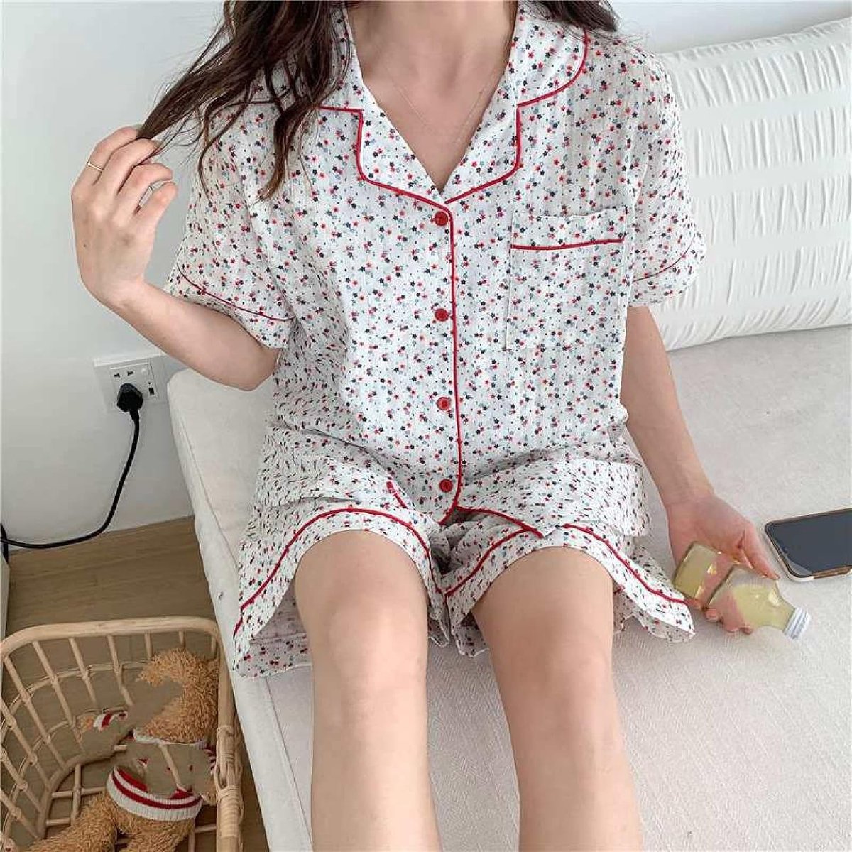 Dunne Revers Loungewear Tweedelige Set - Zomer Katoen Zoete Kleine Bloemen Print Pyjama Nachtkleding Set, Mode Zachte Comfortabele Korte Mouw Shorts Homewear Sleepshirt Set,Wit,Één Maat