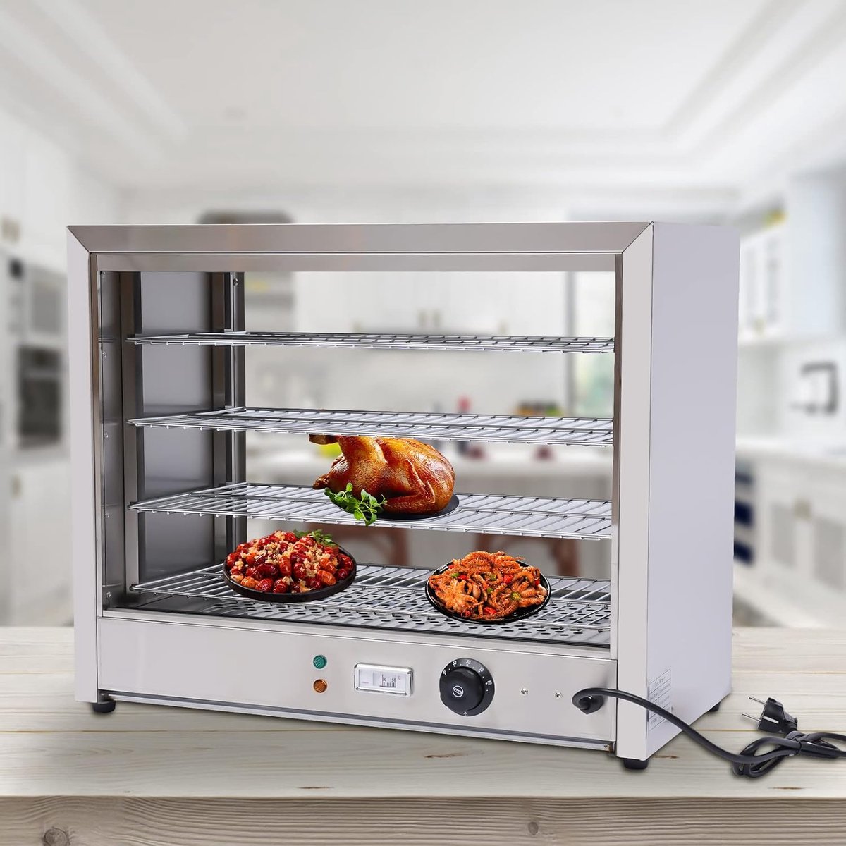 Warmhoudvitrine met verlichting, 4 etages, voedselwarmhouder, catering, warmhoudbak, warmhoudtafel, 30-85 °C, 800 W, roestvrij staal en gehard glas
