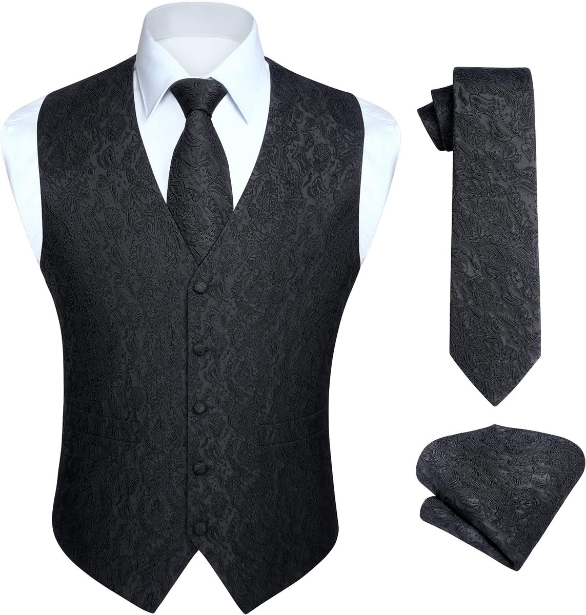 Gilet voor heren, paisley-gilet voor bruiloft, stropdas, pochet, bloemenpatroon, jacquard feestpak, set met gilet