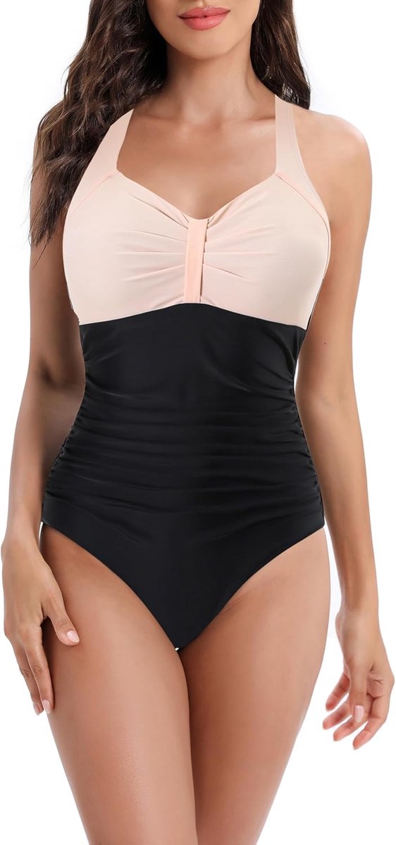 Badpak voor dames, buikweg voor dames, badmode, V-hals, badpak, monokini, hoge taille, sport, zwempak, plooien