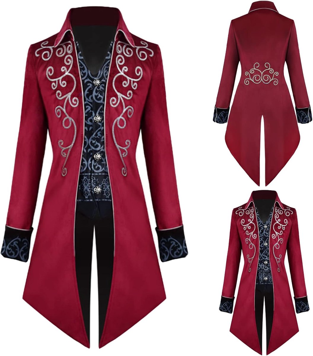 Vintage jas voor heren, middeleeuws gothic fluwelen borduurwerk jas jas Victoriaanse geklede uniform voor steampunk-thema en dansfeest, Halloween