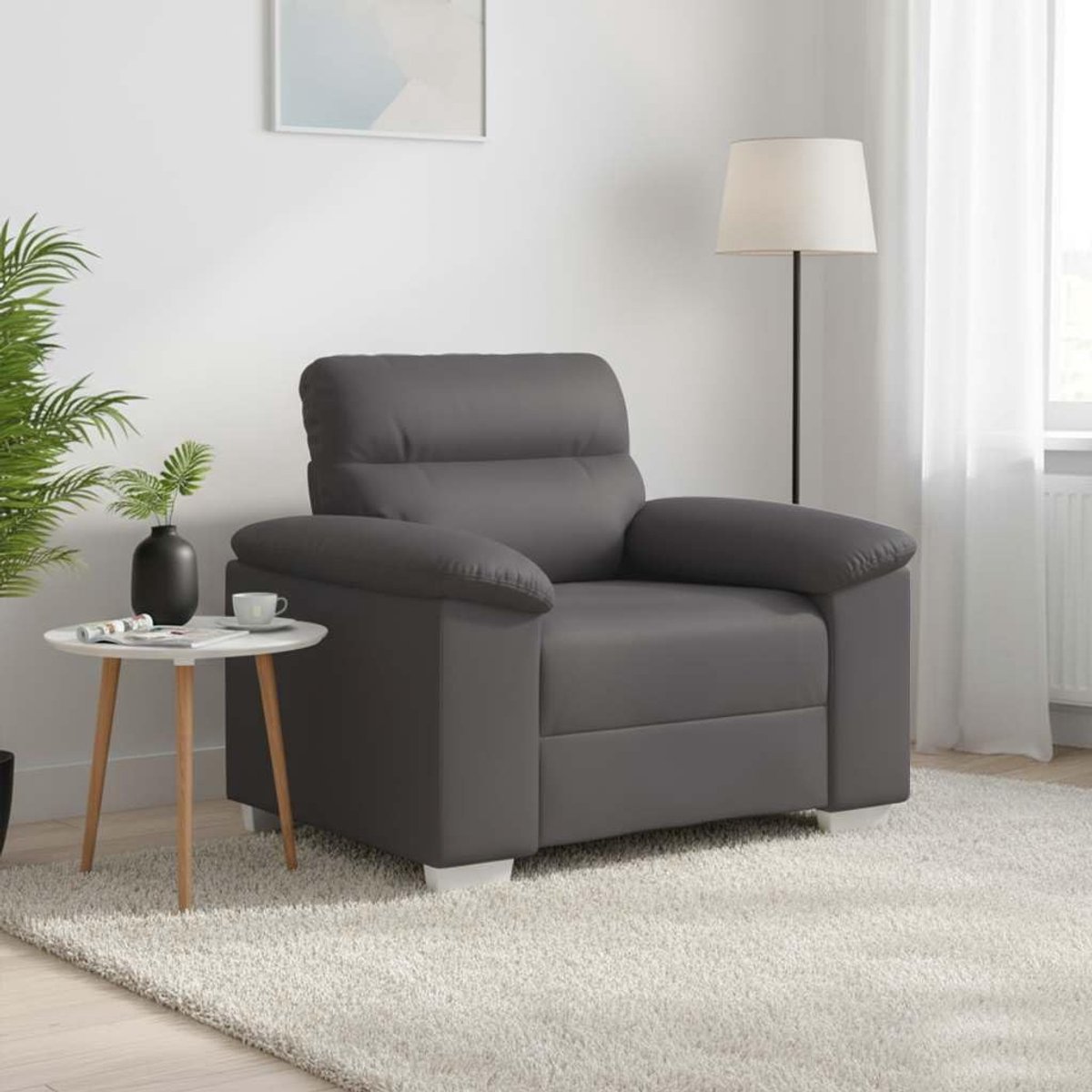 Fauteuil van kunstleer, grijs, 100 x 81 x 84 cm, met brede armleuningen en robuust metalen frame voor hoog zitcomfort in de woonkamer of op kantoor