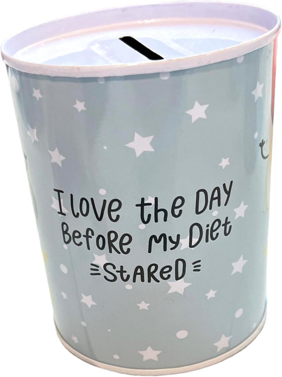 Spaarpot in blikvorm, positieve sets voor kinderen en volwassenen, liefde, dromen, voeding, reizen, werk, originele spaarpotten van tin, cadeau (10 x 8 cm, I Love The Day)