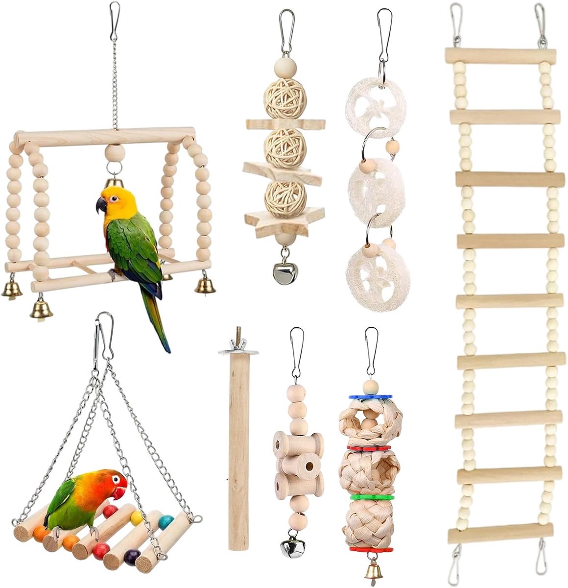 Speelgoed, parkietenspeelgoed, papegaaienschommel, vogels houten ladder, speelgoed, vogelkooi-accessoires van hout, vogelschommel, klokken, kauwspeelgoed voor parkieten, kleine