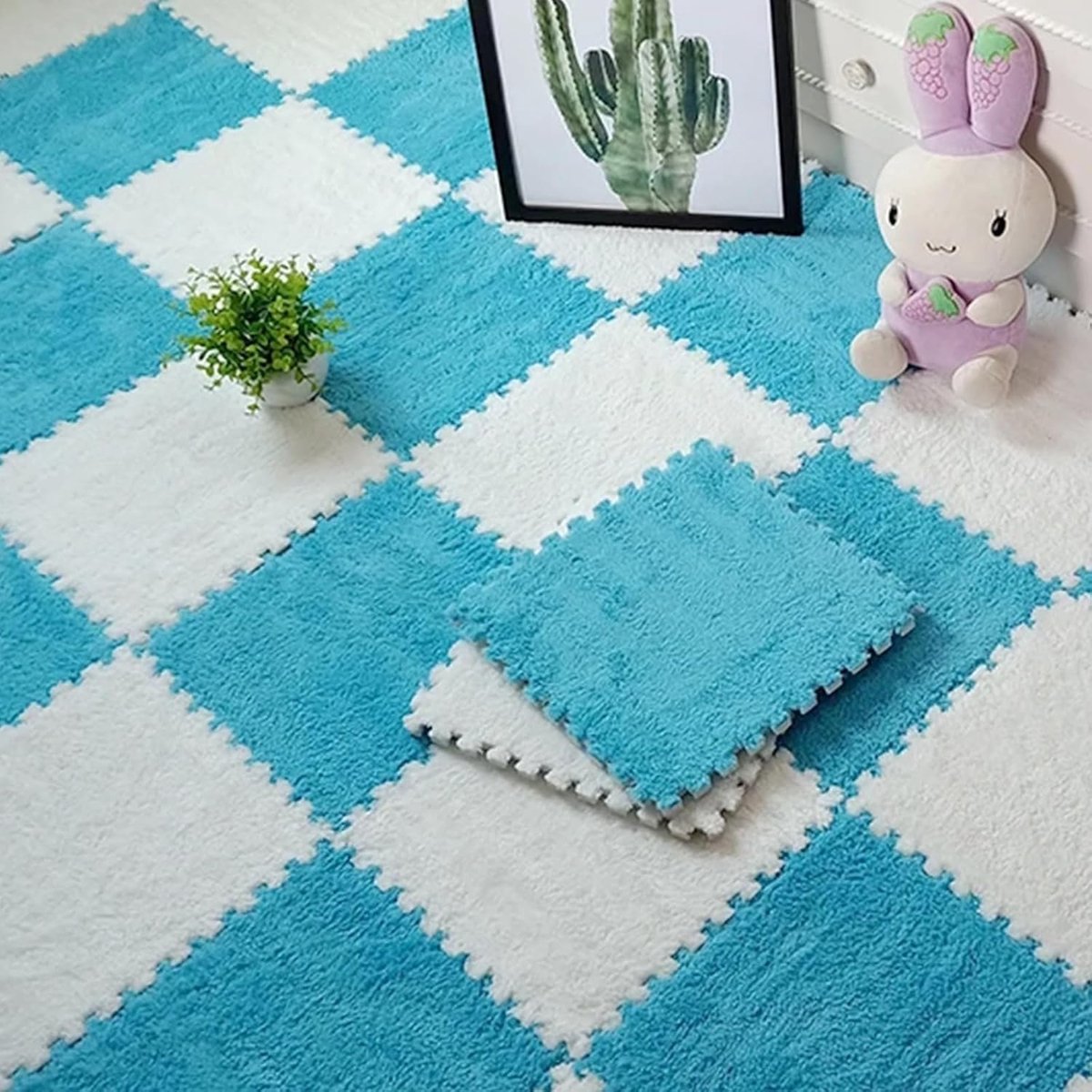 10/20 stuks in elkaar grijpende schuimrubberen tapijttegels, 30 x 30 cm, pluche puzzelschuimvloermat met rand, voor woonkamer/slaapkamer (10 stuks blauw + 10 stuks wit)