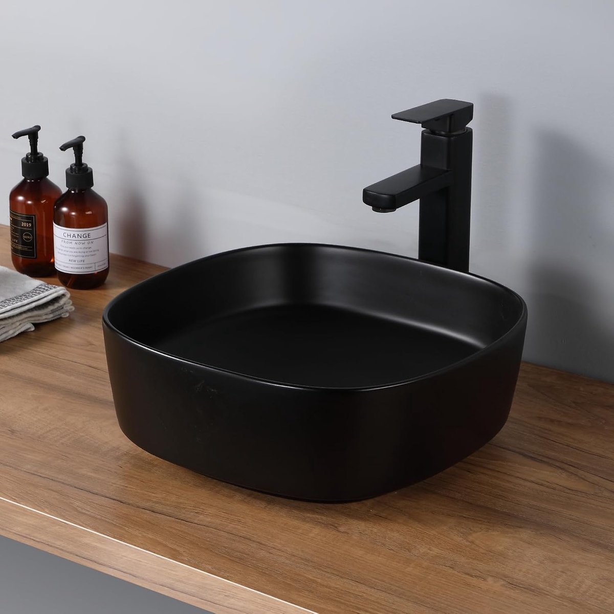 Wastafel voor badkamer mat zwart - Vierkante wastafel met afgeronde rondingen - Modern design en elegante luxe afwerking - Compact en eenvoudig te installeren - 37,5x37,5x13,5 cm