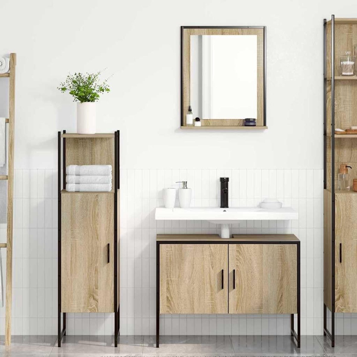 Badkamermeubelset met plank en deur, 3 stuks, bruin hout, modern design voor optimale opslag. Deze elegante badkamermeubelset bestaat uit 3 delen en is