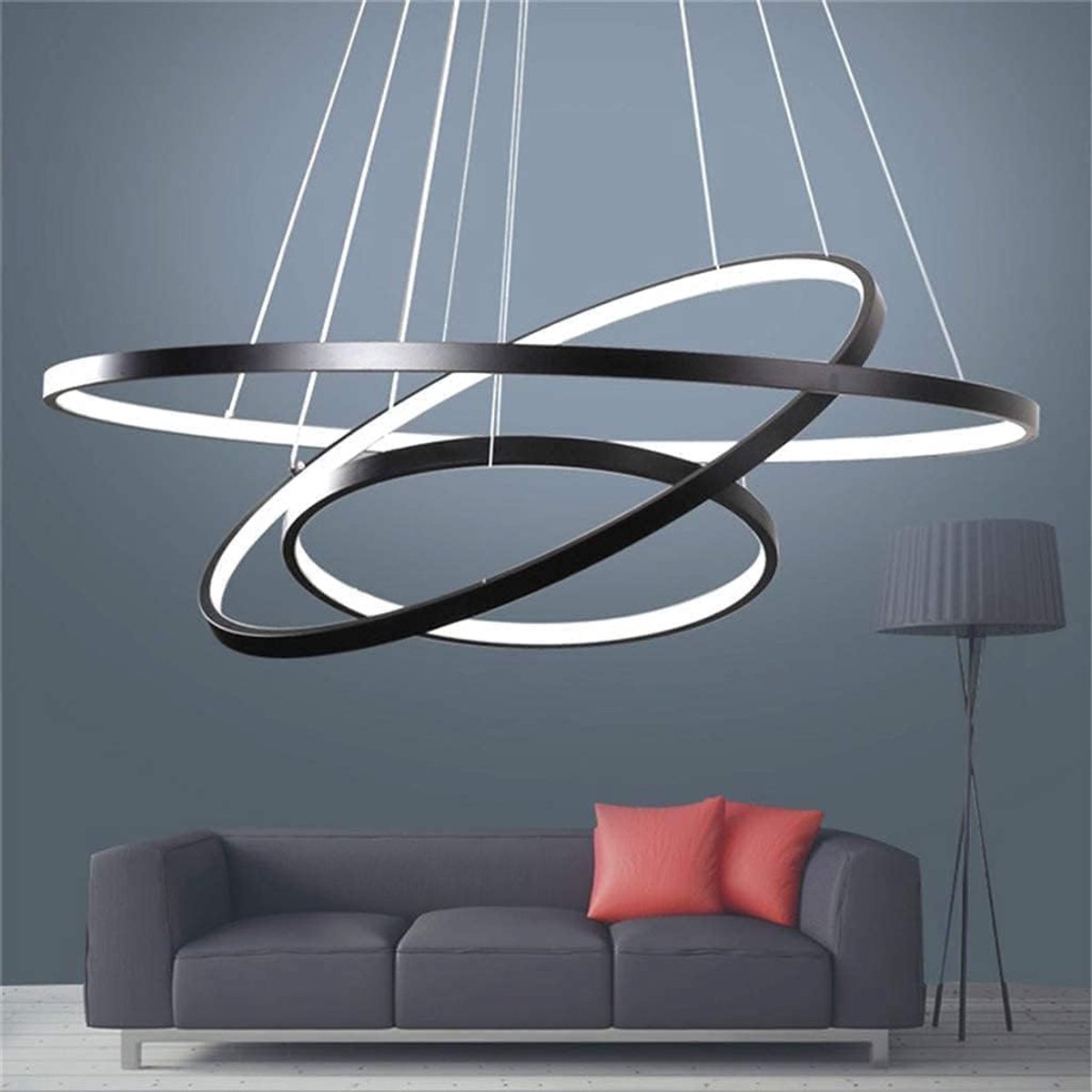 Chandelier Living Room Ceiling Lamp Creative Round 3 Circle Design Chandelier, Dimbaar Met Afstandsbediening 3000K-6500K, Acryl Slaapkamer Keuken Office Decoratie Lampen 115W,Black