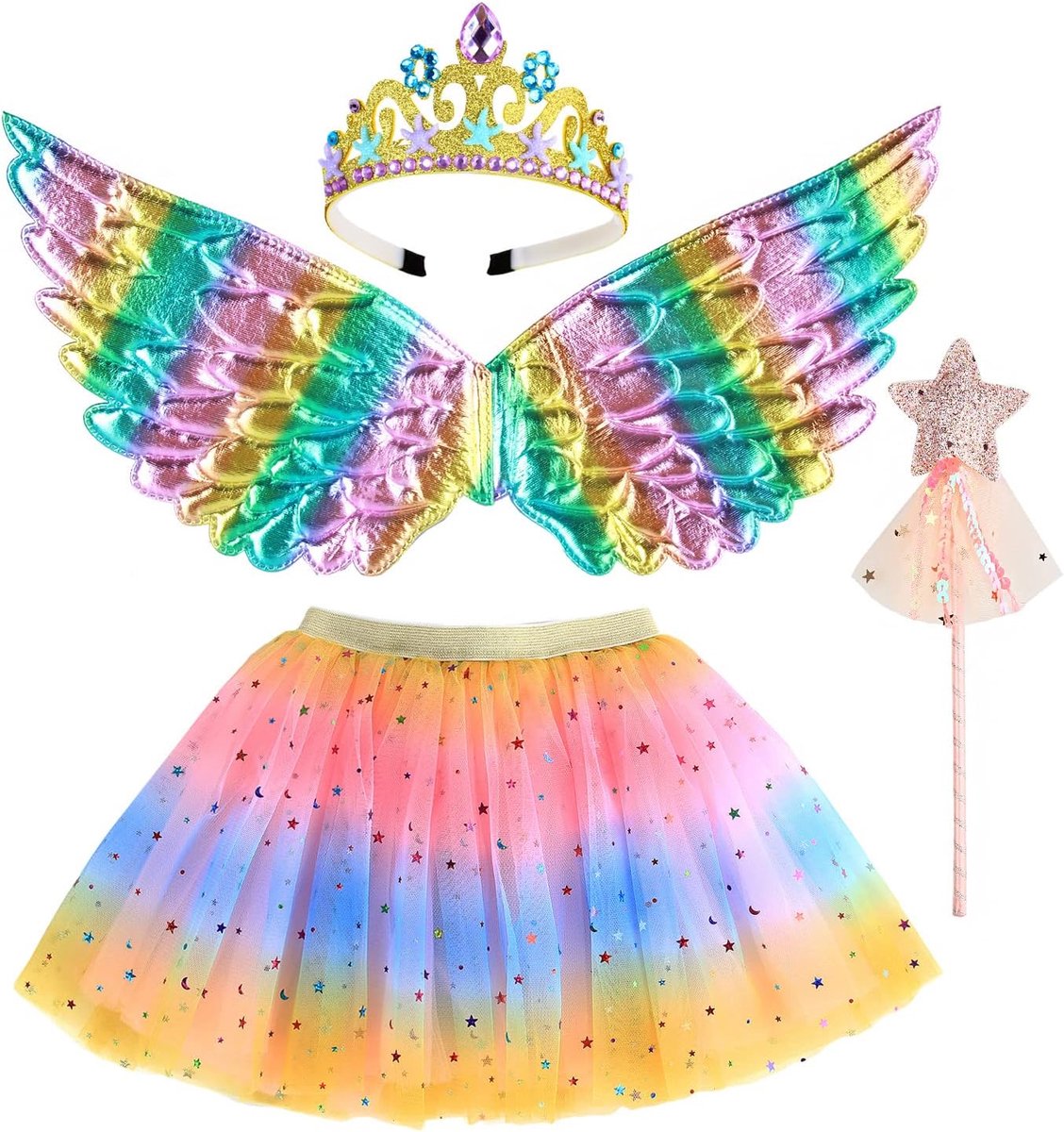 MUNCASO Feeenkostuum voor meisjes, Fancy Dress Up vlinderkostuum, set, prinsessenjurk, tule kostuumset met vlindervleugels, toverstaf en haarband, voor meisjes van 3-8 jaar
