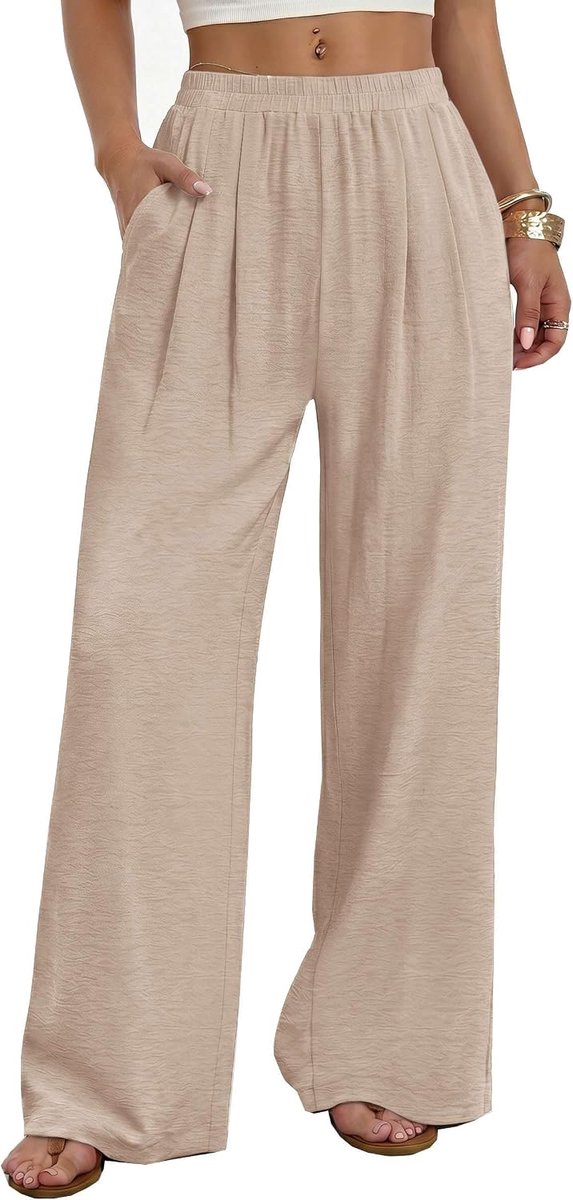 Damesbroek met wijde pijpen, elegante stoffen broek, vloeiende palazzo-broek, elastische taille en zakken, losse chiffon vrijetijdsbroek