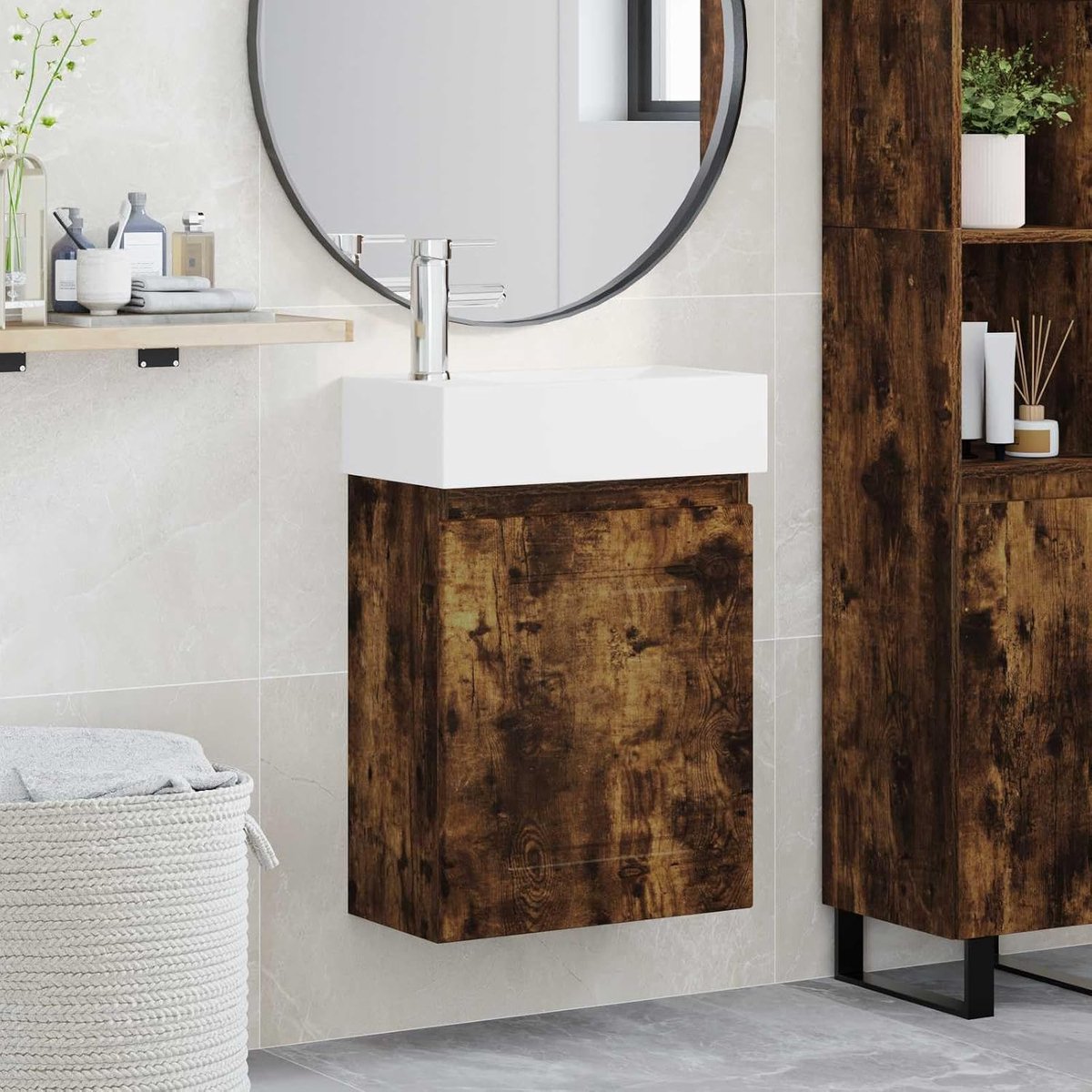 Wastafelonderkast met kraan, rookeiken, 45,5 x 22,5 x 84