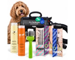 Furry Original® Verzorgingsset voor Doodle - Waterblazer & Hondenfohn met Geluidsdemper - Yuup! Honden Shampoo & Conditioner - Activet Borstel - Ogen & Potenschaar, Effileerschaar en Kam Hond
