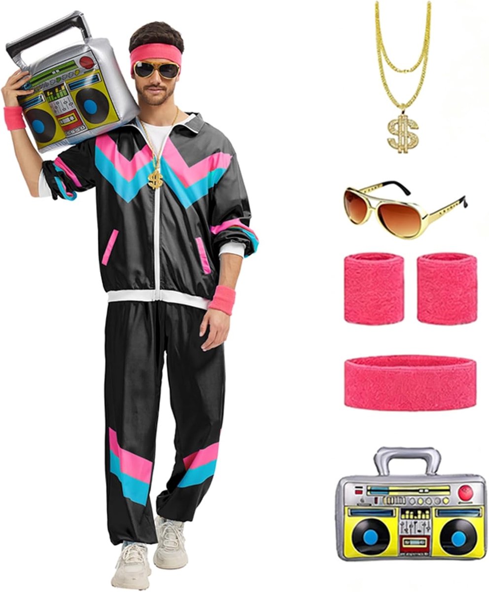 80 en 90 outfit voor dames en heren, retro trainingspak, disco, full-body pak, hiphop-sportpak, joggingpak, streetwear, trainingspak, carnavalskostuum