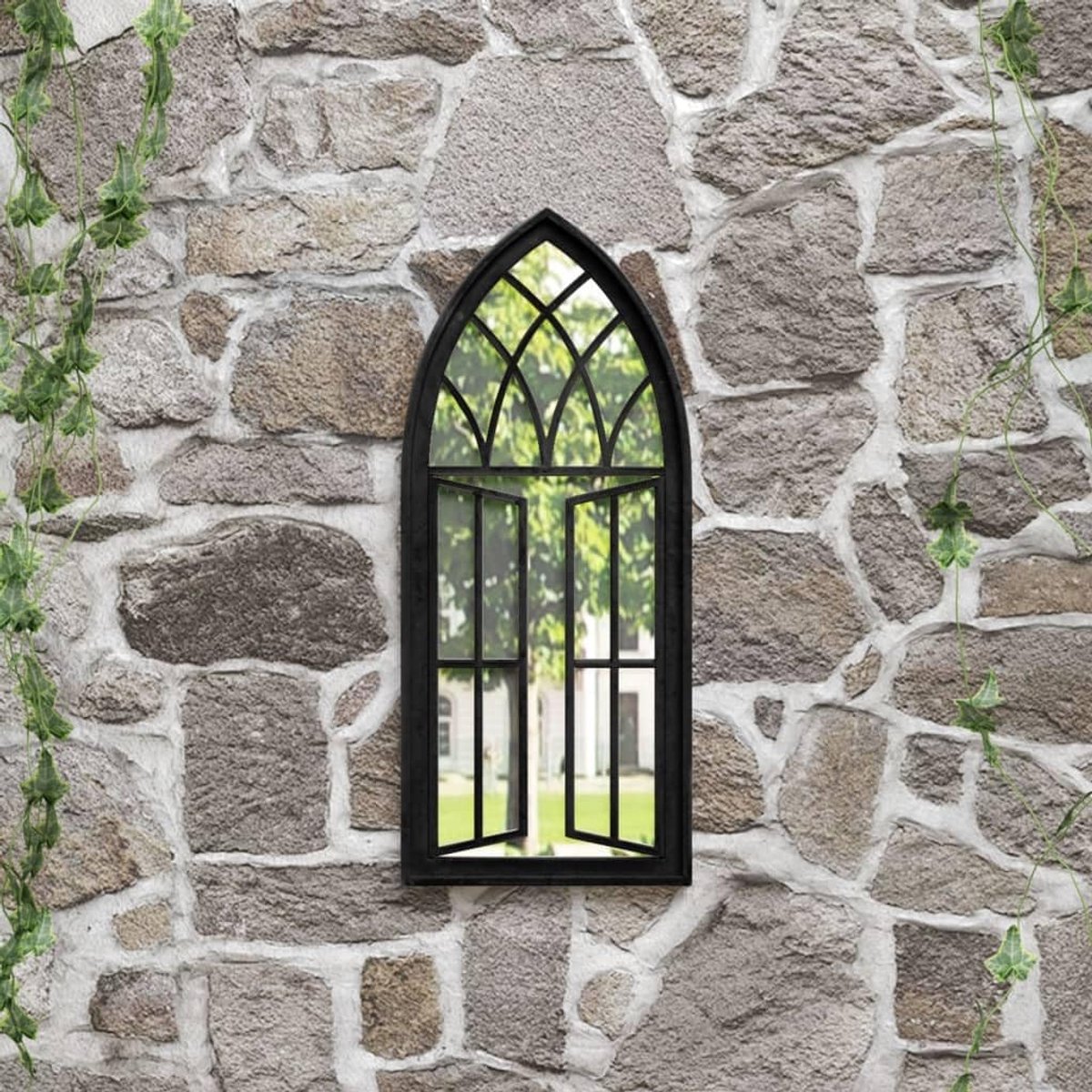 Zwart 70 x 30 cm ijzer roesteffect decoratieve wandspiegel voor buiten met antieke uitstraling en voorgeboord gat voor eenvoudige montage