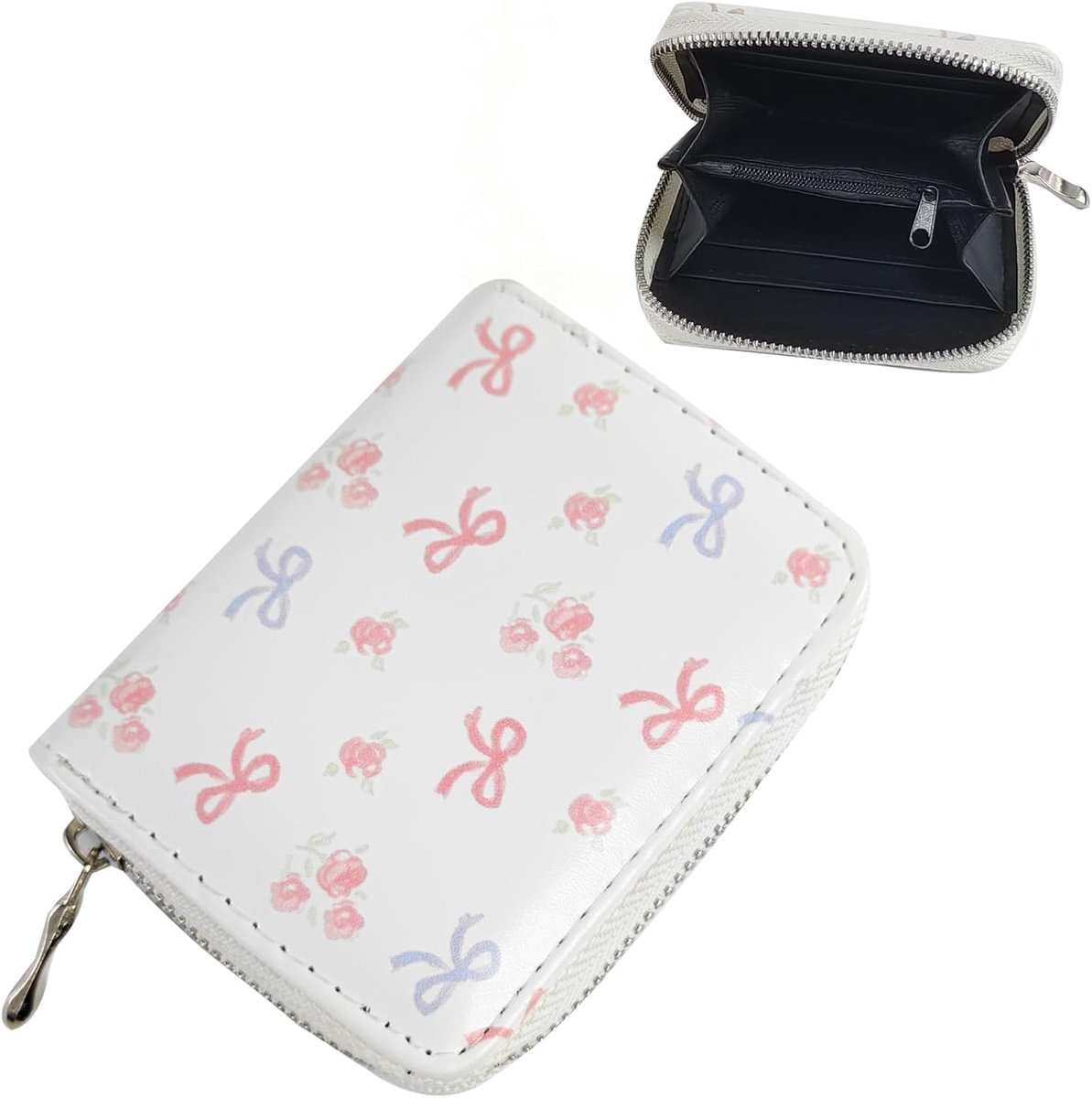Portemonnee voor meisjes met strik en roze print, muntvak met ritssluiting, mini-PU-lederen portemonnee voor kinderen van 3-12 jaar, schoolreiscadeau voor meisjes