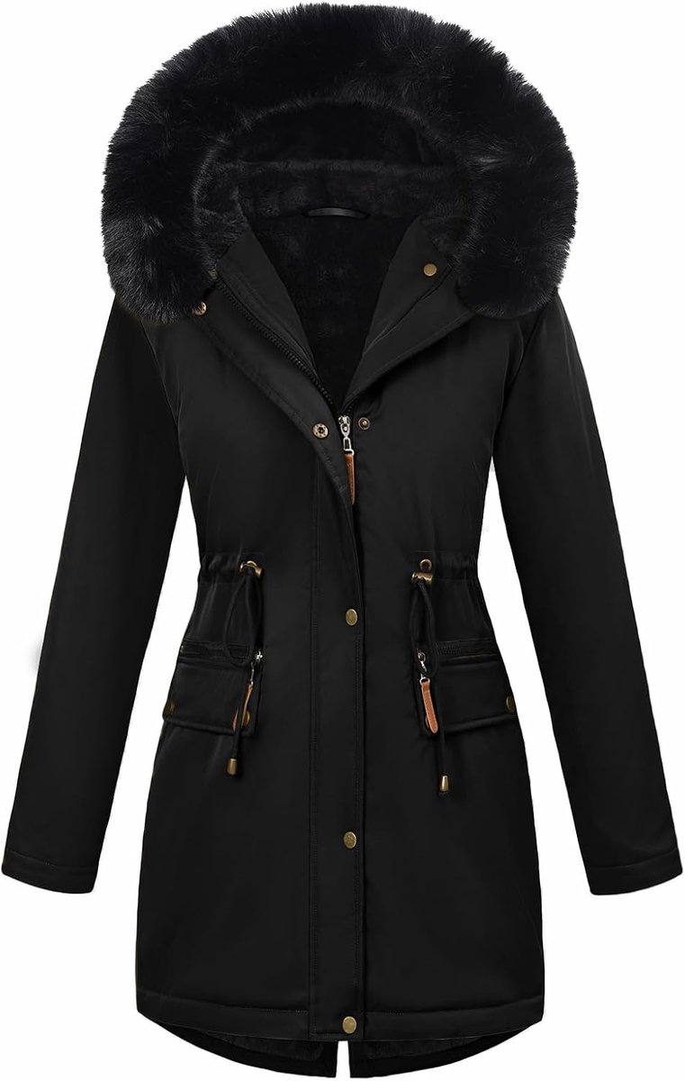 Gewatteerde winterjas, warme jas met capuchon, parka, lang, winddicht, fleecevoering, slim fit, casual, outdoor, dames
