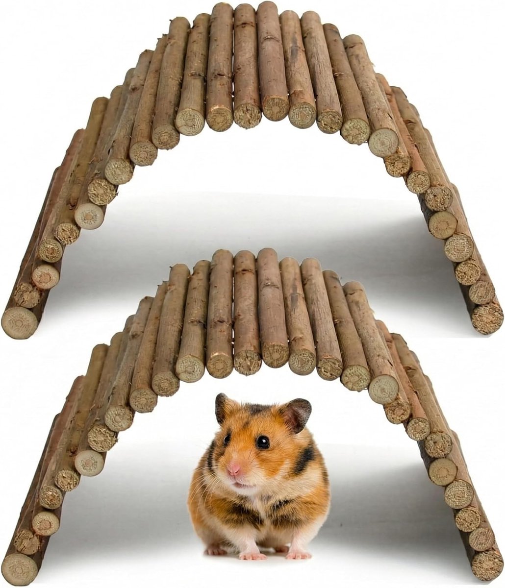 Set van 2 hamsterspellen van natuurlijk hout, hamsterkooiaccessoires voor hamsters, konijnenspellen, flexibele brugtunnel voor knaagdieren, speelgoed voor hamsters en kleine dieren (L)