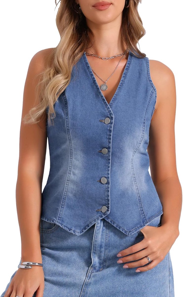 K Dames jeansvest met V-hals knoopsluiting modieus elegant mouwloos denim vest jas